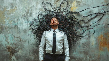 A stressed businessman struggles under the weight of a tangled mess, representing the overwhelming pressure and mental challenges he faces.