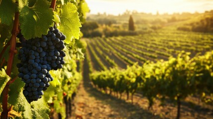 A scenic vineyard with wine-making tools amidst rows of grapevines, Vineyard harvest and winemaking style, photo of