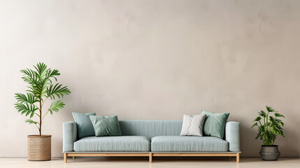 pastel blue sofa with teal cushions creates cozy atmosphere, complemented by lush greenery in stylish pots, perfect for modern living space