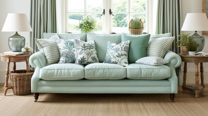 pastel green sofa with blue cushions creates refreshing and inviting atmosphere in cozy living room. arrangement of decorative pillows adds touch of elegance and comfort