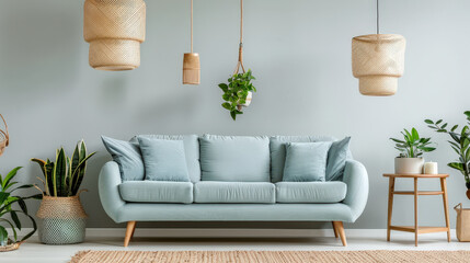 pastel green sofa with blue cushions creates refreshing and inviting atmosphere in stylish interior. surrounding plants and hanging decor enhance serene vibe