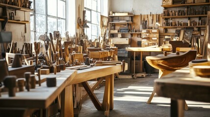 A scenic woodworking workshop with hand tools, Handcrafted furniture pieces in the making, Rustic artisan style