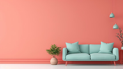 pastel green sofa with blue cushions complements coral wall, creating vibrant and inviting atmosphere. stylish decor includes potted plant and hanging lights, enhancing modern aesthetic