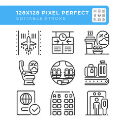 Airport services linear icons set. Passenger experience and airport operations. Travel logistics. Customizable thin line symbols. Isolated vector outline illustrations. Editable stroke