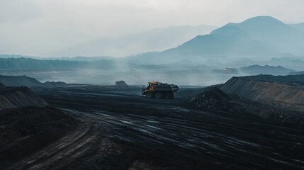 Fototapeta premium Heavy Equipment at Mountainous Mining Site in Natural Light