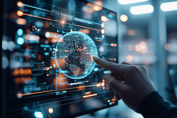 Fototapeta premium Exploring a futuristic blue holographic globe with an interactive world map bridging technology and global awareness