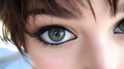 Fototapeta premium A tight shot of a woman's blue eye, accentuated with matching blue eyeshadow and framed by brown hair