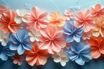 Obraz premium Colorful assortment of handcrafted paper flowers displayed on a calm blue background, showcasing various sizes and shapes