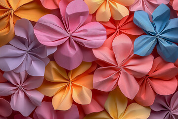 Colorful paper flowers in a vibrant arrangement, showcasing various shapes and shades against a bright backdrop