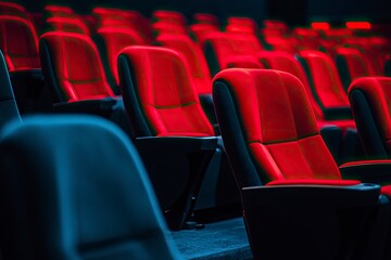 Fototapeta premium High contrast image of empty movie theater seats with generative ai