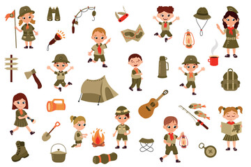 Child scouting. Set of boy and girl scouts in uniform in different poses. White background, isolate	