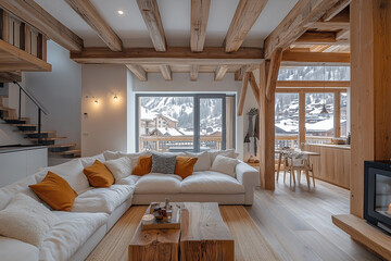 Cozy alpine living room with wooden beams and scenic mountain view in a modern chalet retreat during winter season