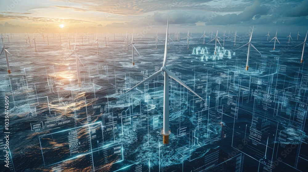 Aufkleber Aerial view of an offshore wind farm with hundreds of white turbines in the ocean, surrounded by floating holographic data and numbers, symbolizing advanced energy technology. set on a calm sea.