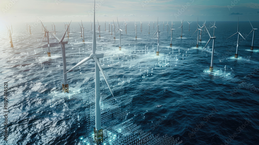 Leinwandbilder aerial view of an offshore wind farm with hundreds of white turbines in the ocean, surrounded by flo