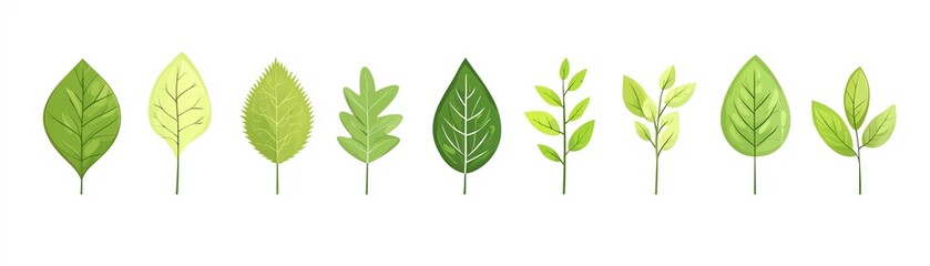 Fototapeta premium Collection of diverse green leaves on a white isolated background.