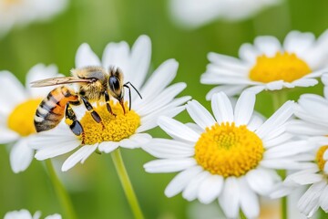 A bee buzzing around a group of daisies on a windy summer day. The flowers sway with the breeze, while the bee remains focused on gathering pollen, creating a dynamic yet calm natural scene.