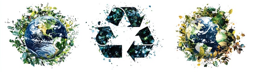Earth, recycling symbol, greenery, white isolated background.