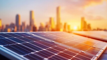 Solar panels at sunset with city skyline in the background.
