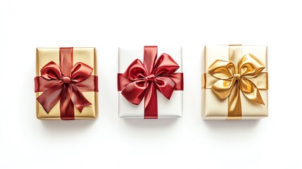 Three beautifully wrapped gift boxes with ribbons, white isolate background.