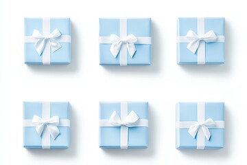 Six blue gift boxes with white ribbons on a white isolated background.
