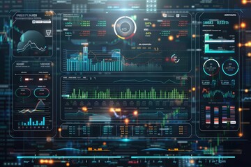 Fototapeta premium Futuristic digital dashboard displaying AI-powered stock market analysis with cutting-edge financial tools and charts