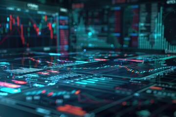 AI-driven stock market analysis on a holographic interface, showcasing advanced financial tools and dynamic charts
