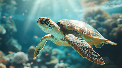 Fototapeta premium A sea turtle swimming gracefully underwater, its shell detailed in bright sunlight, minimalistic blurred coral reef background.