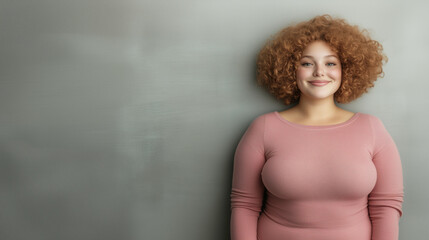 A woman with a big bust is wearing a pink sweater