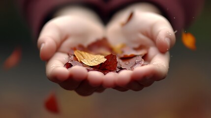  A tight shot of hands grasping a cluster of leaves, topped by a golden one
