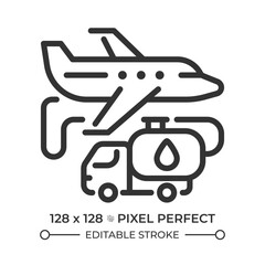 Aviation fuel linear icon. Process of refueling aircraft for air travel operations. Plane and fuel truck. Thin line illustration. Contour symbol. Vector outline drawing. Editable stroke