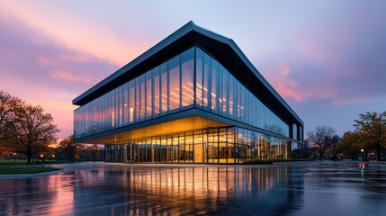Obraz premium modern glass building reflecting sunset sky