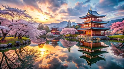 Fototapeta premium Amidst Japan's blooming paradise, tranquility reigns, inviting one into a surreal embrace.