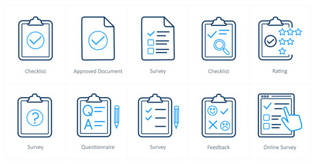 A set of 10 survey and ratings icons as checklist, approved document, survey
