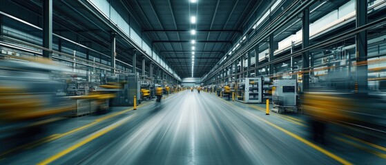 Very realistic and photographic photo of a sleek, modern warehouse interior filled with automation machinery and motion-blurred workers The long exposure effect emphasizes the speed and efficiency of