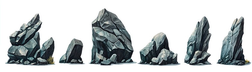 Various gray rocks on a white isolated background showcasing different shapes and textures.