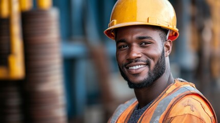 A man wearing a yellow hard hat and orange vest is smiling