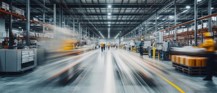 Very realistic and photographic photo of a sleek, modern warehouse interior with automation machinery and blurred workers in motion The long exposure technique emphasizes the speed and flow of
