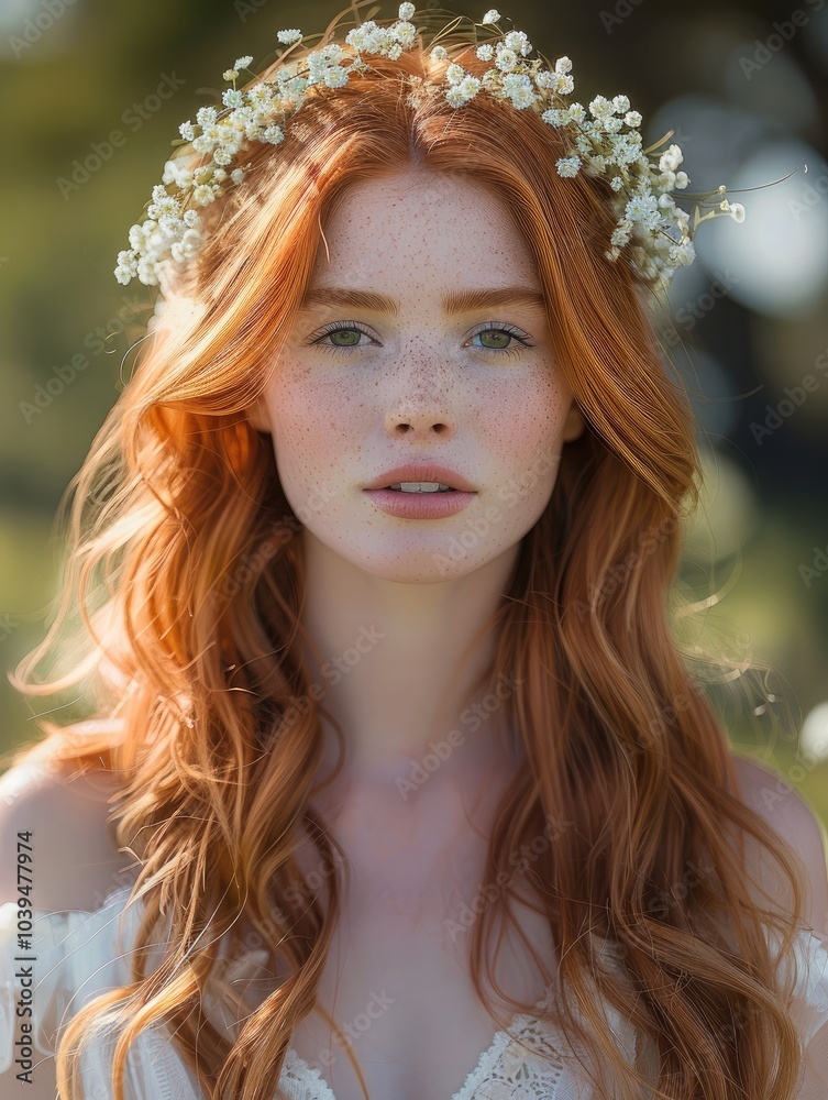 Wall mural A young Caucasian woman with long, wavy red hair wearing a white dress and a flower crown, surrounded by a blurred nature background.