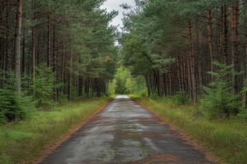 Naklejka premium Abandoned road in overgrown pine forest, sense of mystery and decay
