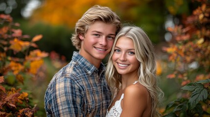 Fototapeta premium Portrait Of Happy Loving Couple Hug In Autumn Park Together