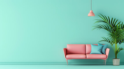 pastel pink sofa with blue cushions is elegantly positioned against vibrant turquoise wall, complemented by stylish pendant light and lush green plant, creating refreshing and inviting atmosphere