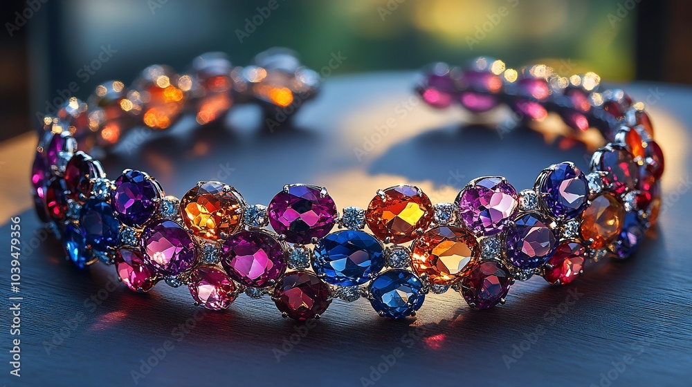 Poster vibrant gemstone choker with an array of colorful stones placed on a plain minimalistic surface emph