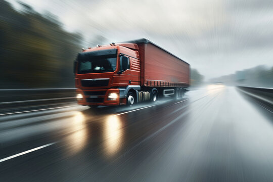 A transport truck driving at high speed on a rainy day, with motion blur to depict its resilience and efficiency in all weather conditions