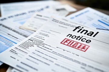 A close-up of overdue bills and debt notices on a table, with a focus on the "final notice" stamp, representing the urgency and pressure of financial crisis