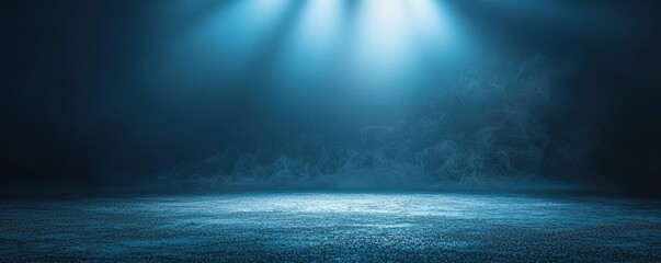 Abstract background of dark blue with light rays and mist, spotlight on an asphalt floor for display products. Dark scene with reflections from the water surface
