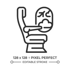 Airplane passenger seat linear icon. In-flight comfort. Seating arrangements. Travel experience. Window seat. Thin line illustration. Contour symbol. Vector outline drawing. Editable stroke