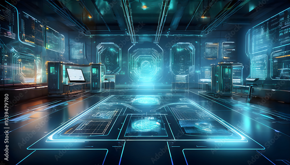Aufkleber Futuristic technology hub a glimpse into advanced data centers with interactive displays and holographic projections