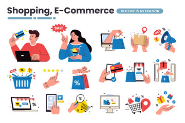 Shopping and e-commerce vector illustration set