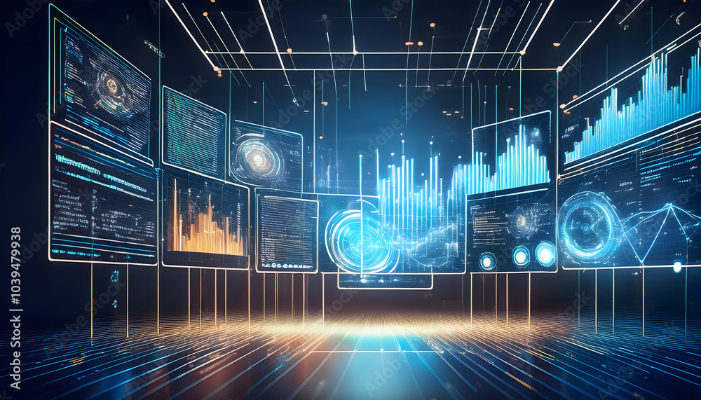 Poster Futuristic data visualization interface with interactive graphs and metrics for enhanced analytics and decision-making in technology