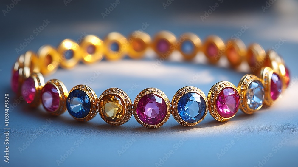 Poster vibrant gemstone choker with an array of colorful stones placed on a plain minimalistic surface emph